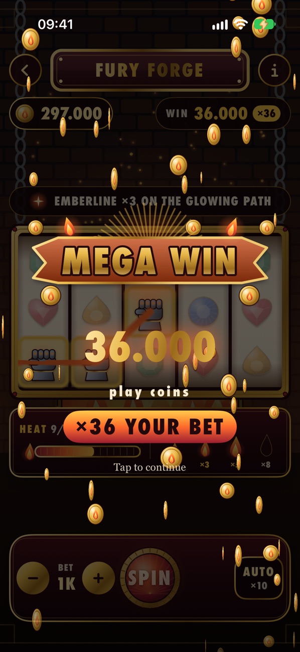 Mega Win of 36,000 play coins, 36 times the bet, on Fury Forge with a coin shower